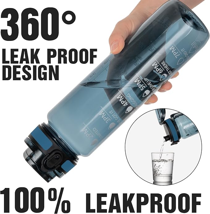 OLDLEY Water Bottle, 32oz Motivational Sports Water Bottle with Time Marker - Times to Drink - Tritan, BPA Free, Wide Mouth Leakproof,Misty Teal