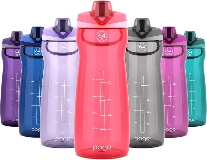 Pogo 64oz Plastic Water Bottle with Chug Lid and Carry Loop, Pink | Leakproof water bottle with chug lid and capacity markings. BPA-free, great for travel, school, outdoors, and gym.