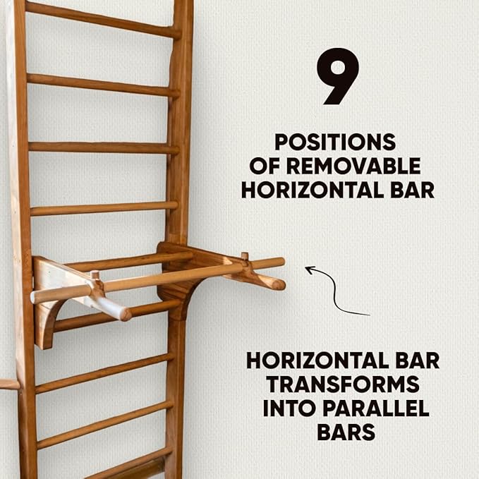 Swedish Ladder Wall Stall Bars for Kids and Adults, made of Solid Beech Wood, Withstands Loads up to 880 lbs, with Removable Pull-Up Bar, Dip Bar, Gymnastics and Exercise Indore Gym