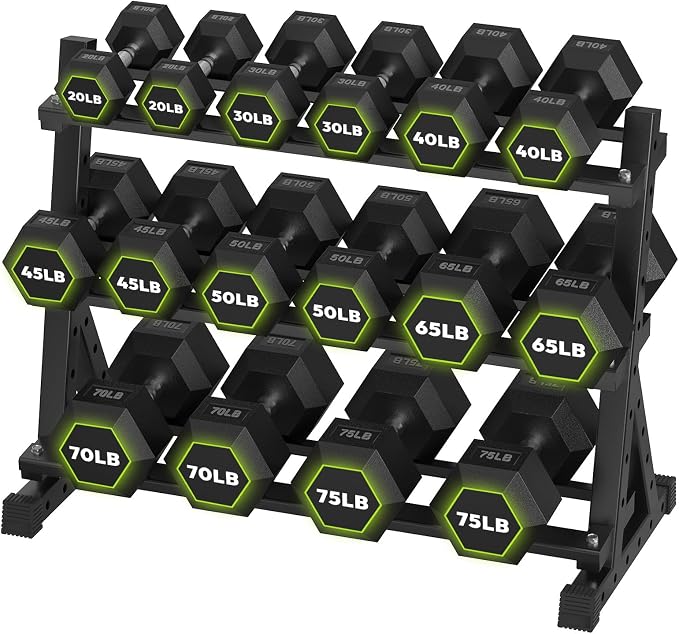 HANDBODE Dumbbell Set with Rack, Rubber Coated Fixed Dumbbells 390-790 lbs | Heavy Duty Hexagonal Weights, Non-Roll Hexagon Shape for Stability, Home Gym Strength Training Equipment