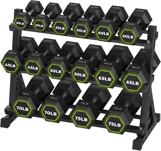 HANDBODE Dumbbell Set with Rack, Rubber Coated Fixed Dumbbells 390-790 lbs | Heavy Duty Hexagonal Weights, Non-Roll Hexagon Shape for Stability, Home Gym Strength Training Equipment