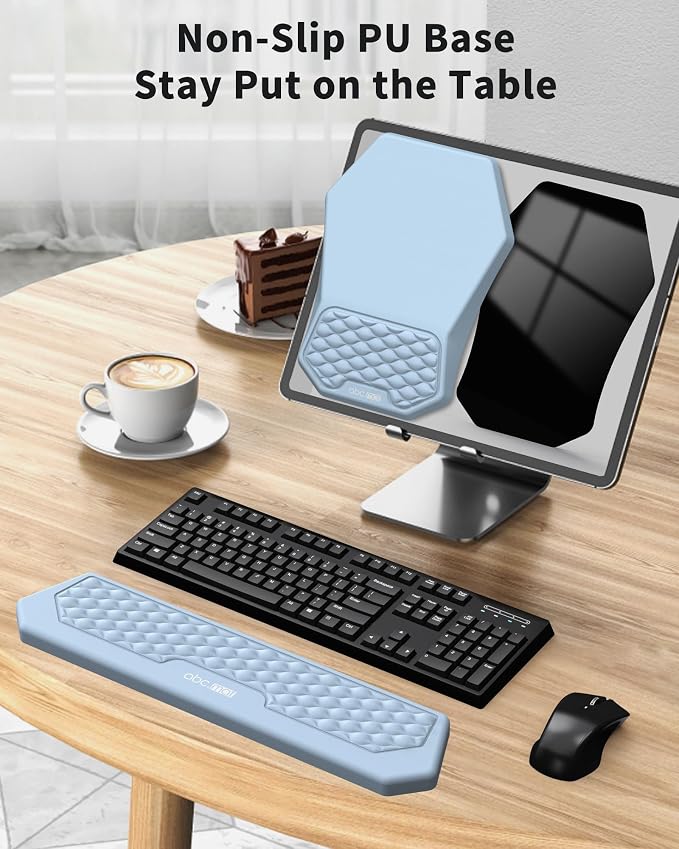 Ergonomic Mouse Pad Wrist Rest and Keyboard Wrist Rest Support Set | Massage Design Mousepad for Carpal Tunnel Pain Relief, Memory Foam, Non-Slip PU Base for Computer Desk, Blue