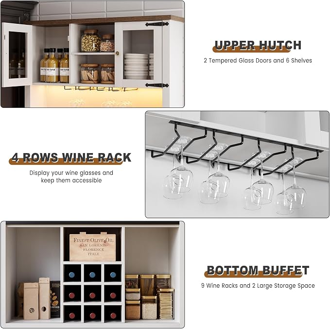 GarveeHome 72" Farmhouse Coffee Bar Cabinet with LED Lights & Power Outlets | Tall Kitchen Buffet Hutch with 3 Drawers & Wine Glass Rack, Sliding Barn Door, Ample Storage for Home Bar, White