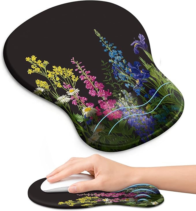 Ergonomic Mouse Pad with Wrist Rest, Gel Wrist Support, Bloom | 10.2 x 7.6 in Mouse Pad with Smooth Fabric Surface and Non-Slip Rubber Base for Office, Home, Study, and Gaming