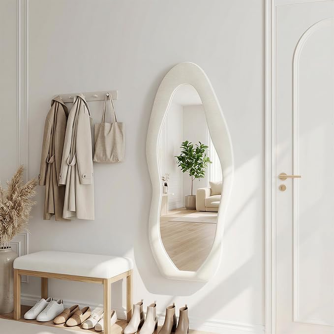 Wall Mirror 56"x24", Irregular Wavy Full Length Mirror | Full Body Mirror with Stand, Flannel Mirror for Bedroom, Living Room, Dressing Room, Entryway, Beige