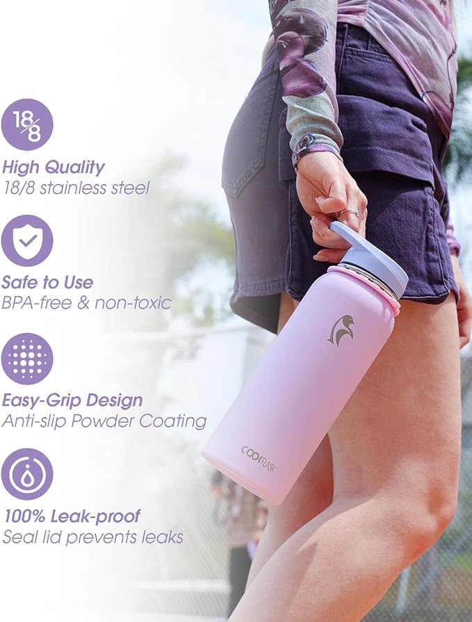 Coolflask 40 oz Water Bottle Insulated Stainless Steel with Strap | Metal Water Flask with Straw & Spout Lids, Triple-Wall, Cold 48+h, Dishwasher Safe, Leakproof, BPA-Free, for Gym & Hiking