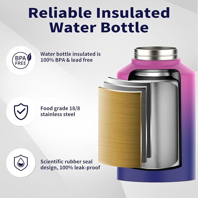 WATERSY 1 Gallon Water Bottle Insulated(Cold for 48 Hrs),BPA Free&Leak Proof,128oz Stainless Steel Water Jug,Big thermo,Large Water Bottle with Handle for Gym,Hiking,Camping&Travel,Gradient Purple