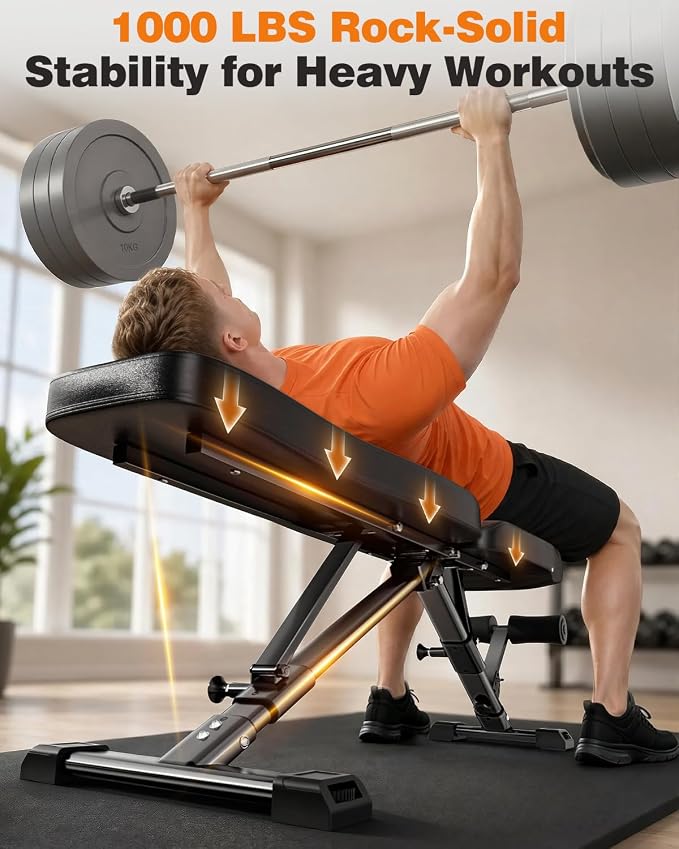 AIRHOP Foldable Workout Bench, 90° to -30° FID Weight Bench for Home Gym | Backrest, Seat, Leg Bar Adjustable, MAX 1000 LBS, 8-Pos Backrest, 3-Pos Seat, 4-Level Leg Support, 19.4" Extended Base Stable