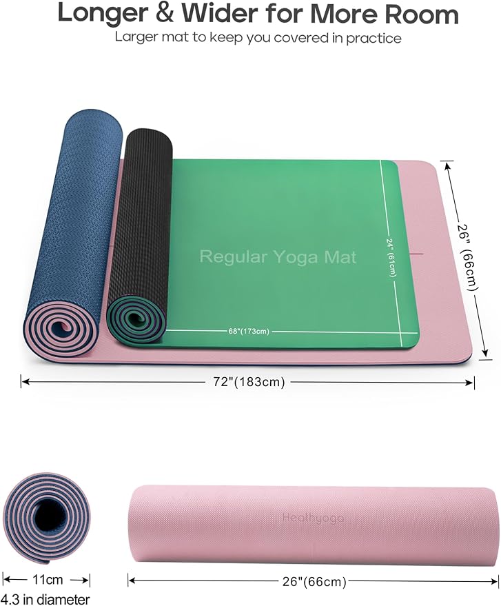 Heathyoga Yoga Mat Non Slip TPE Pilates Exercise Mats for Home Workout Gym Fitness Eco Friendly Thick Hot Yoga Mat with Strap Body Alignment,72"x 26" Thickness 1/4"