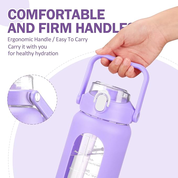 42oz Glass Water Bottles with Straw, Motivational Glass Bottle with Silicone Sleeve and Time Marker, Leakproof Large Glass Water Jug for Gym Home Office,Purple