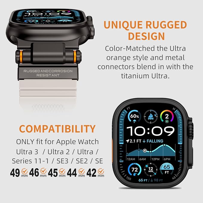 Band Compatible with Apple Watch Ultra 3/2/1 Band 49/46/45/44mm | Metal Connector with Silicone Rugged Strap for iWatch Ultra Series 11/10/9/8/7/6/SE3/SE2/SE/5/4/3/2/1, Starlight/Black