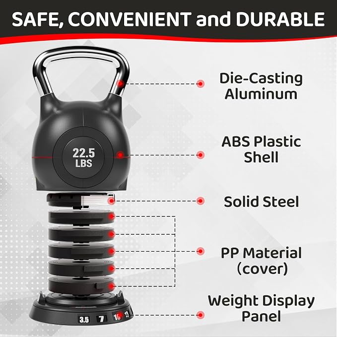 LIFERUN Adjustable Kettlebell Set with 7 Weight Levels, 22.5 lb or 44 lb | Quick-Change Weight Dial & Safety Lock, Space-Saving Design, Full-Body Workout & Cross-Training