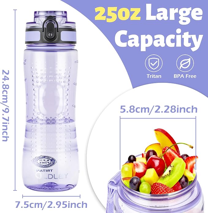 OLDLEY 25 oz Water Bottle, Motivational Water Bottle with Time Marker, Sports Water Bottle With Strap, Leakproof & BPA Free Large Water Bottles for School, Gym, Travel, Outdoor, Transparent Purple