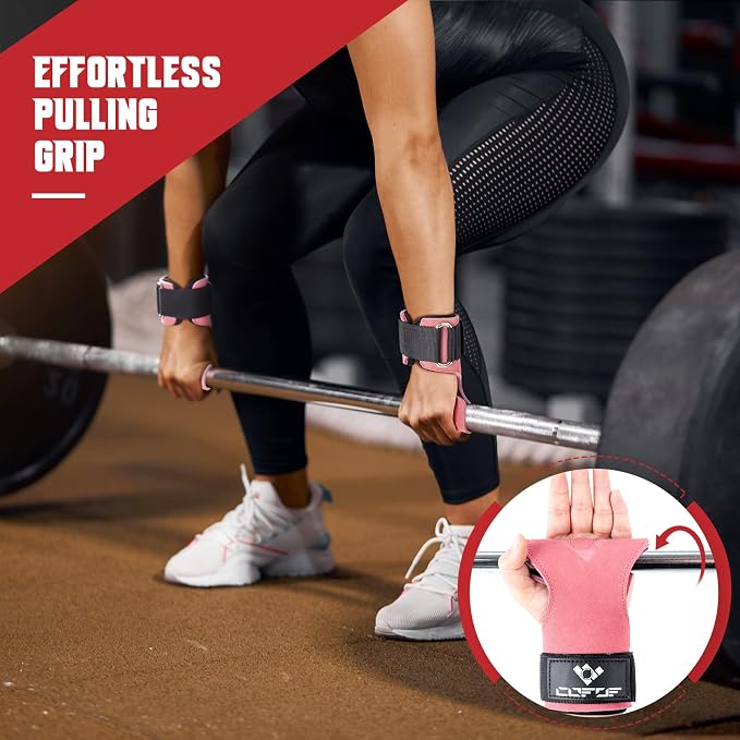 Weight Lifting Wrist Strap, Double-Layer Leather for Deadlift Powerlifting | Gym Strap with Adjustable Neoprene Padded Fit for 6.3–8 Inch Wrist, 8.07-Inch Leather Strap, Gym Workout Lifting Hook (Pair)