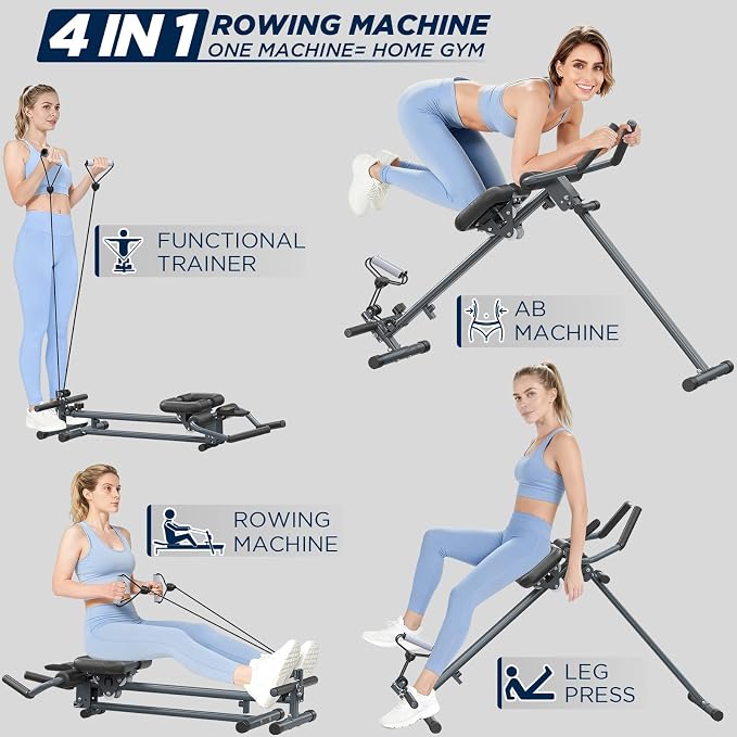 4-in-1 Rowing Machine, Ab Machine – Foldable Full Body Workout Equipment with Resistance Bands for Home Cardio, Strength, and Core Training – Black | Foldable, Full Body Workout Equipment, Resistance Bands, Home Cardio, Strength, and Core Training