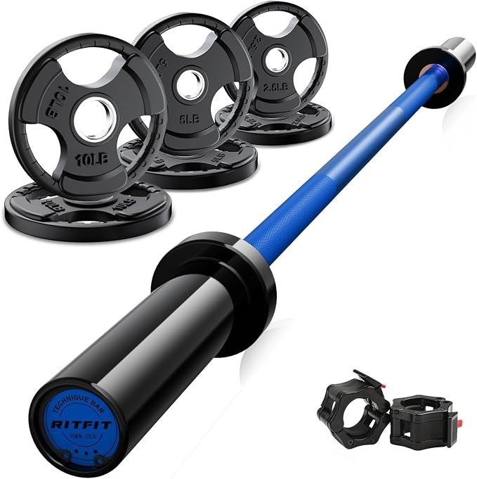 RitFit Barbell Weight Set - 4/6FT Olympic Barbell with Weight Plates (55-115LB Total) - Weightlifting Equipment for Squats, Curls, Deadlifts, Presses, Hip Thrusts
