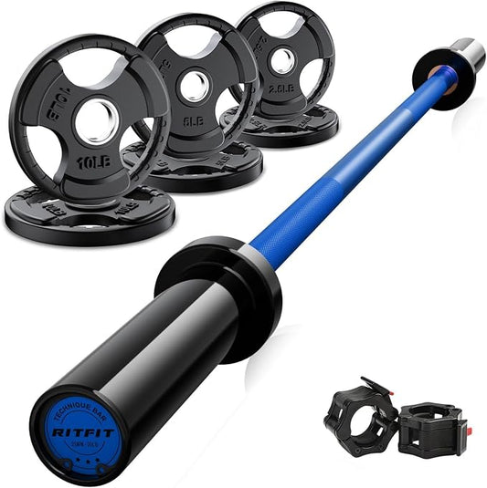 RitFit Barbell Weight Set - 4/6FT Olympic Barbell with Weight Plates (55-115LB Total) - Weightlifting Equipment for Squats, Curls, Deadlifts, Presses, Hip Thrusts