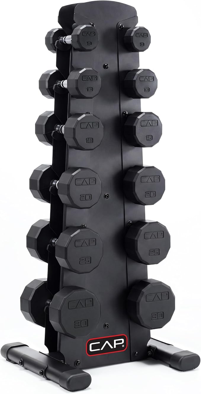 CAP Rubber Coated Hex Dumbbell Set with Storage Rack | 100–210 lb Options, Space-Saving Vertical Compact Storage for Home Gym Strength Training