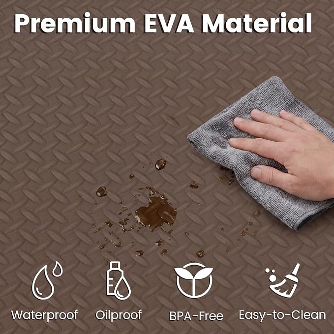 Tangkula 36 Tiles Exercise Flooring Mats with Border, Non-Slip EVA Foam Protective Mats, Elastic Puzzle Play Mats, 1/2" Interlocking Floor Mats for Home Gym, Fitness Room (Brown)