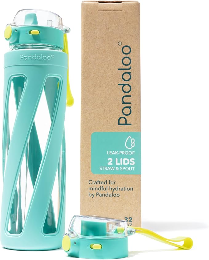 Pandaloo® Orbit 32 oz Glass Water Bottle with 2 Leak-Proof Lids (Straw & Spout), Wide Mouth, Borosilicate Glass, BPA-Free, Cup Holder Friendly for Gym, Work, Travel & Daily Hydration- Pool Cabana