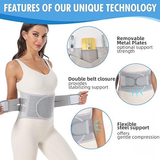 Back Brace for Lower Back Pain - Lumbar Support with Bionic Support System, Adjustable Belt for Men Women, Relieves Sciatica, Herniated Disc, Scoliosis, Posture Correction for Workout, Daily Use, Heavy Lifting (Grey, Large)
