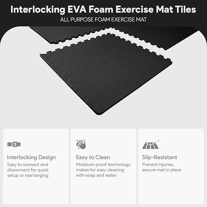 BalanceFrom Puzzle Exercise Mat 3/4" Thick, EVA Interlocking Foam Floor Tiles for Home Gym, Mat for Home Workout Equipment, Floor Padding for Kids, Black, 24 in x 24 in x 3/4 in, 96 Sq Ft - 24 Tiles | Tiles for Home Gym, Studio, or Playroom Flooring, B...