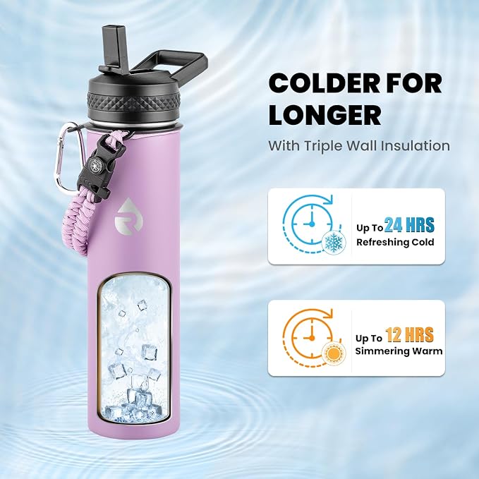 RAYMYLO Insulated Water Bottle 24 oz, Triple Wall Vacuum Stainless Steel | (Cold for 24Hrs, Hot for 12Hrs), Leak Proof & Non-BPA, Modern Water Flask Jug with Paracord Handle & Straw Spout Lids