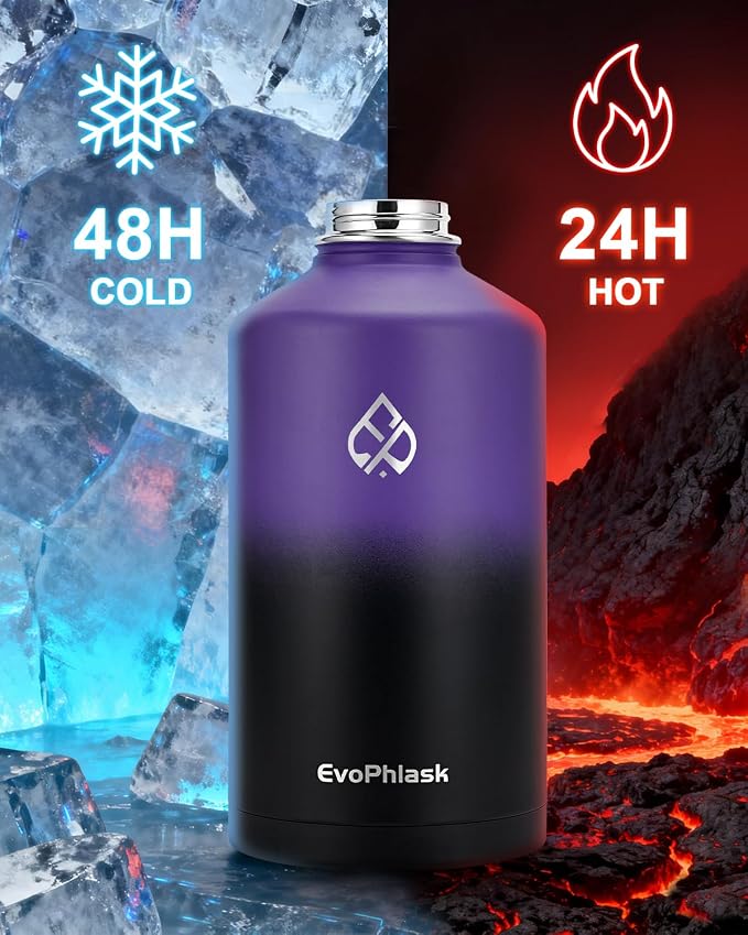 1 Gallon Water Bottle Insulated with Carrier Bag, Purple/Black | Stainless Steel, Vacuum Insulated Keep Cold 48 Hrs, 128 oz Large Gallon Water Jug, For Travel, Sport, Gym, Hiking