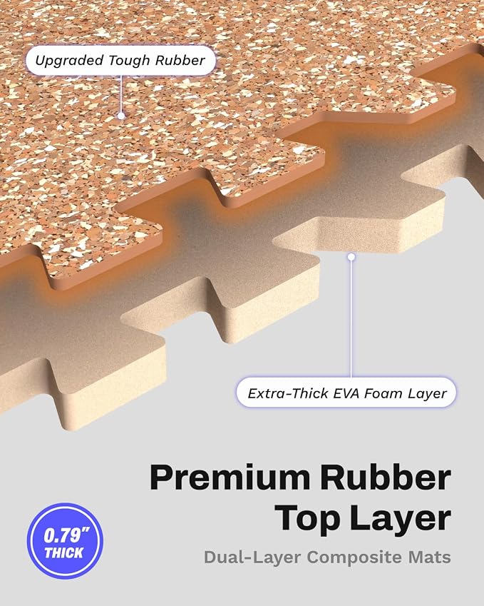 AIRHOP 0.79'' Extra-Thick 48 Sq Ft Rubber Top Gym Flooring for Home Gym | 12 Tiles, High Density EVA Foam, Waterproof & Non-Slip Rubber, Interlocking Puzzle Mats, Heavy Duty Floor Protection, 24"x24"