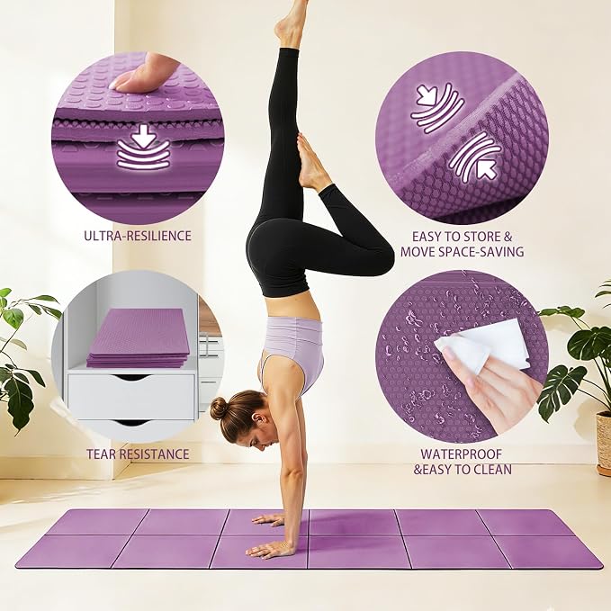 Foldable Yoga Mat Thick Non-Slip Exercise Mat | Packable Travel Fitness Mat, Carrying Bag Included, For Yoga, Pilates, Workout, Home & Gym Use