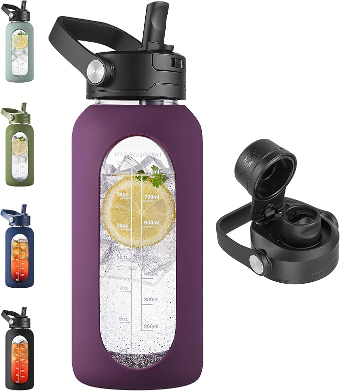 CIVAGO 32 oz Glass Water Bottle with Detachable Straw and Time Maker | Motivational Large Flask Cup with Handle, Leakproof Lids, Wide Mouth, Silicone Sleeve, Tumbler for Juice, Mauve
