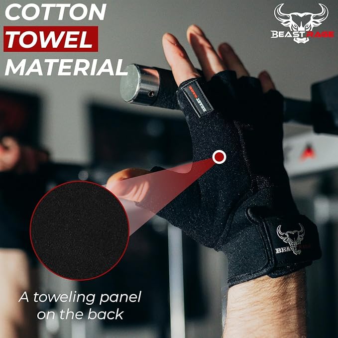 BEAST RAGE Workout Gloves for Men, Durable Palm Grip Gym Gloves Women Half Finger Elasticated Training Weight Lifting Strength Bodybuilding Anti Slip Cycling Gloves Exercise