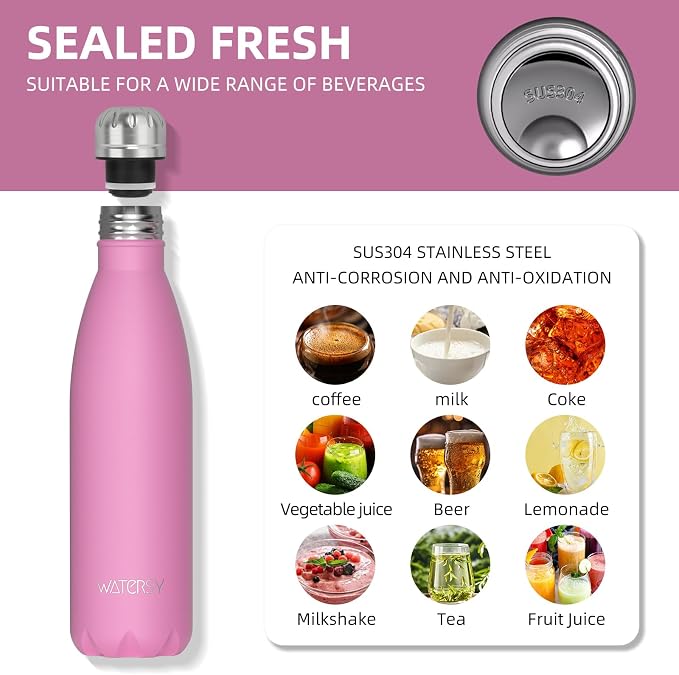 WATERSY Stainless Steel water bottles,17oz/500ml Insulated Water Bottle | Gloss Pink metal water bottle Keeps Drink Cold and Hot,BPA Free kids water bottles for School,Gym,Travel,Sports