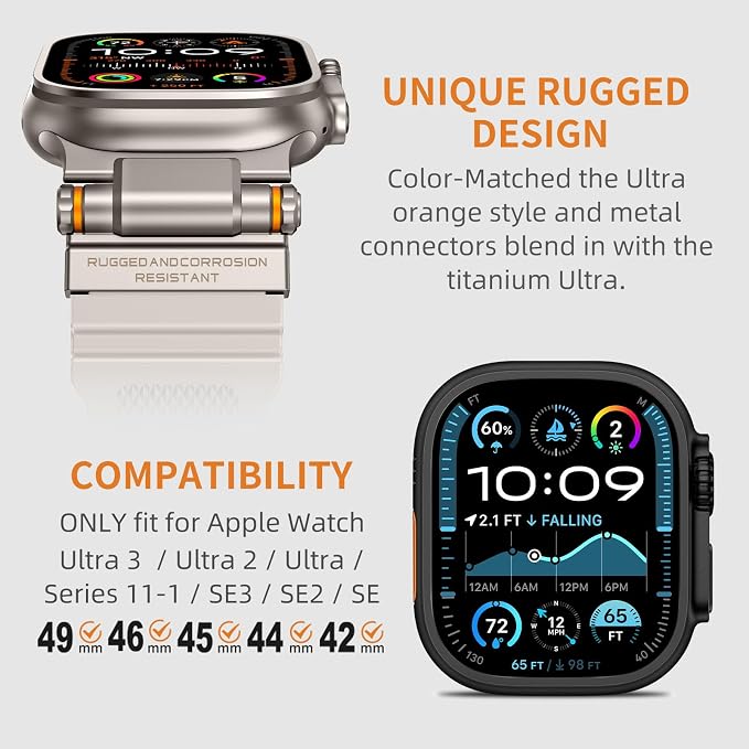 Band Compatible with Apple Watch Ultra 3/2/1 Band 49/46/45/44mm | Metal Connector with Silicone Rugged Strap for iWatch Ultra Series 11/10/9/8/7/6/SE3/SE2/SE/5/4/3/2/1, Starlight/Titanium