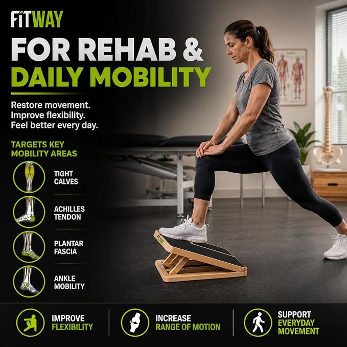 Adjustable Wooden Slant Board, 5-Level Calf Stretcher for Mobility & Rehab | Non-slip velour surface, 5-level incline, 5 resistance bands. Foldable, portable for home gym, physical therapy & rehab use.