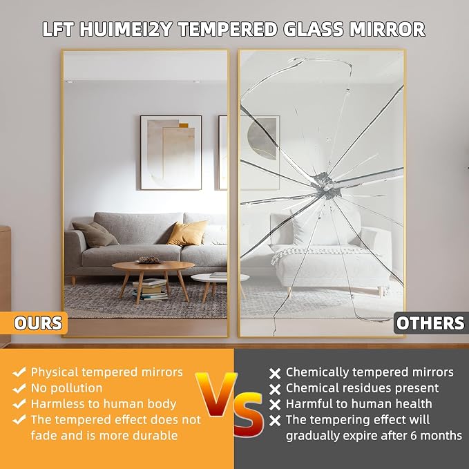 LFT HUIMEI2Y 76.4"x37" Full Length Mirror, Gold Floor Mirror | Tempered Oversized Mirror Full Body with Aluminum Alloy Frame; Standing, Leaning, or Wall Mount for Bedroom, Living Room