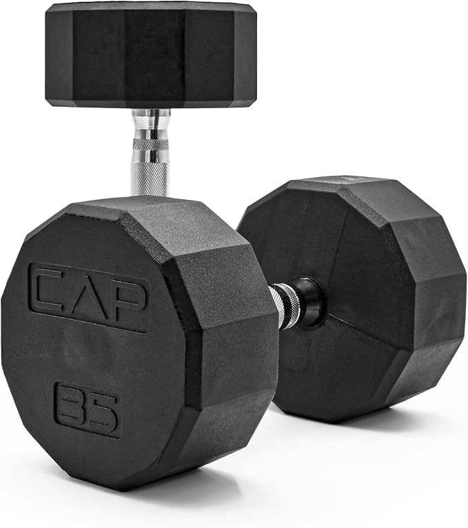 CAP Rubber Coated Dumbbell Weights, Free Weights for Home Gym Strength Training, Anti-Roll Hex Dumbbells with Black, Chrome & Comfort Grip Handles, Pairs & Sets