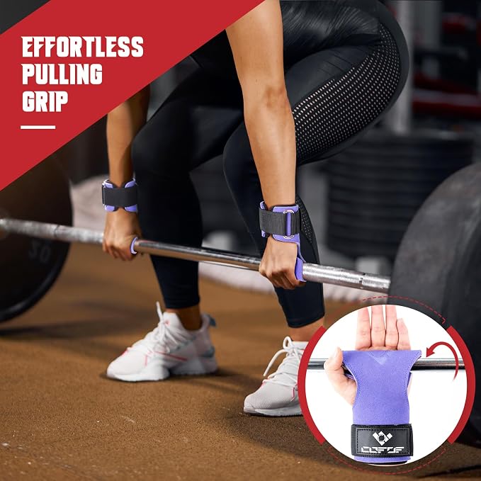 Weight Lifting Wrist Strap, Double-Layer Leather for Deadlift Powerlifting | Gym Strap with Adjustable Neoprene Padded Fit for 6.3–8 Inch Wrist, 8.07-Inch Leather Strap, Gym Workout Lifting Hook (Pair)