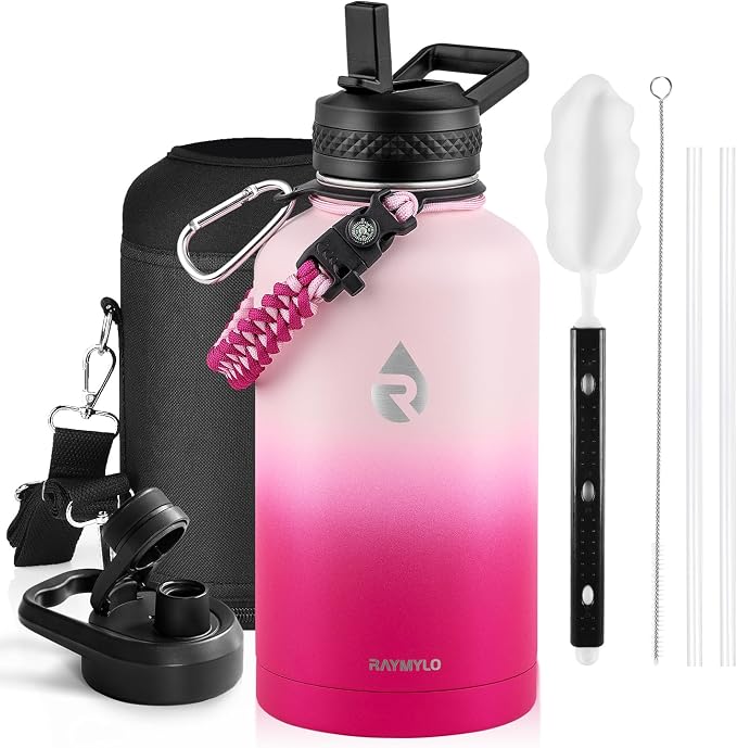 RAYMYLO Insulated Water Bottle 64 oz, Triple Wall Vacuum Stainless Steel | (Cold for 48 Hrs), Leak Proof & Non-BPA, Half Gallon Water Flask Jug with Paracord Handle & Straw Spout Lids, Ombre Pink