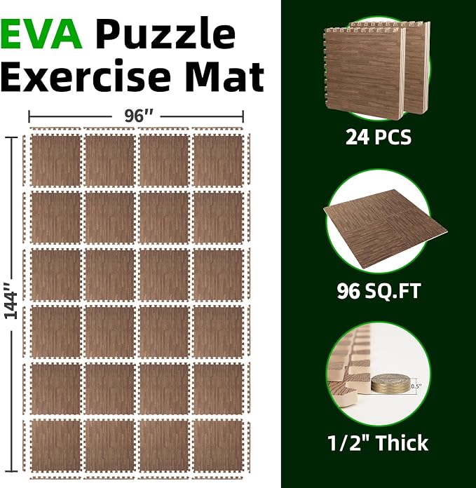 Art3d 24 Pack 24" x 24" EVA Interlocking Exercise Mats, 1/2" Thick Foam Puzzle Flooring for Workout, Gym Equipments, Training Areas, 96 Sq.FT, Dark Walnut