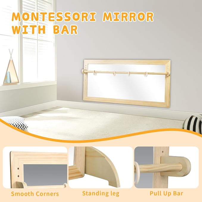 Montessori Mirror with Bar, Adjustable Wood Baby Pull Up Bar, Floor & Wall Shatterproof Safety Infant Coordination Montessori Furniture, for Home, Daycare, or Preschool