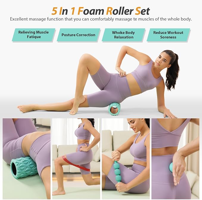 5 in1 Foam Roller Set High Density 15" Foam Roller for Muscle Recovery | Deep Tissue Muscle Massage Foam Roller for Exercise, Massage Roller, Massage Ball, Stretching Strap, for Whole Body Aqua