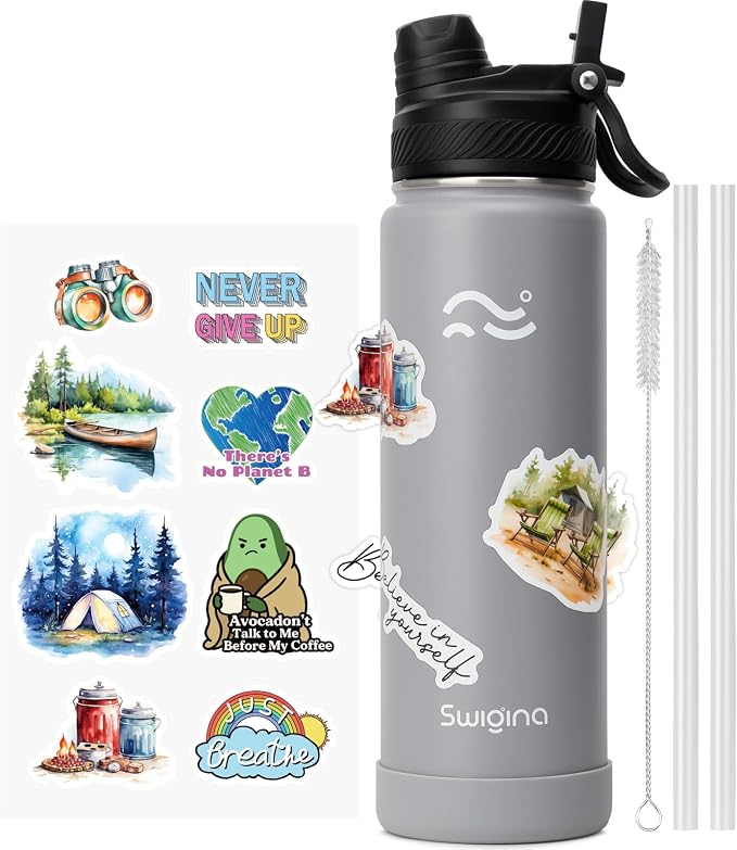 Swigina [2-IN-1 LID] Insulated Water Bottle with Silicone Boot (36hrs Cold/18hrs Hot) - DIY Stickers, Leakproof, BPA Free, 24 oz