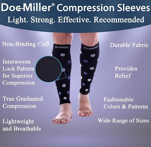 Doc Miller Calf Compression Sleeves 20-30 mmHg for Women & Men, 1 Pair | Footless Compression Socks, Polka Dots Design, Shin Splints Relief, Varicose Veins, Running, Nurses, Travel, Leg Support
