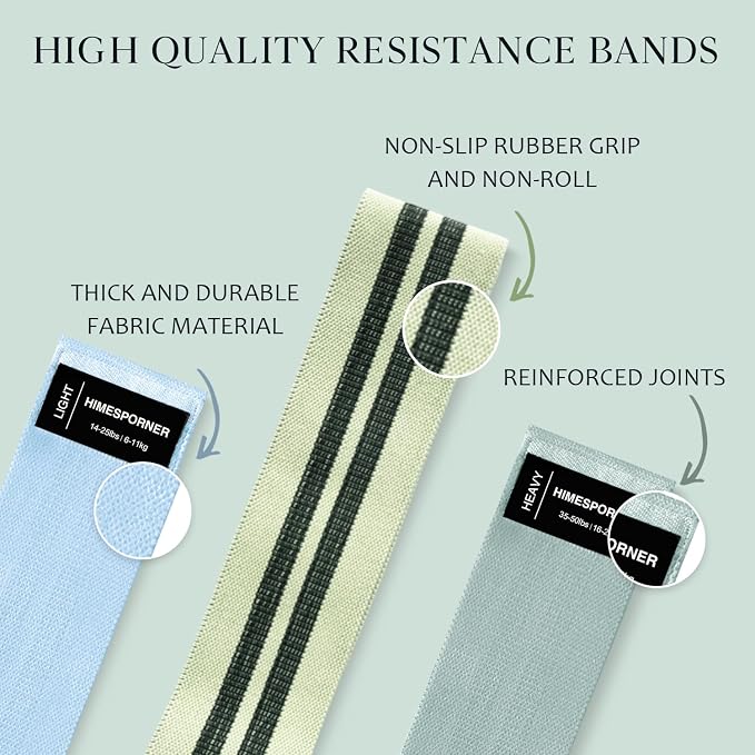 HIMESPORNER Wide Fabric Resistance Bands for Working Out 3 Level | Non-Slip Exercise Booty Bands for Women Men Leg Glutes with Hair Ties and Tape Measure - for Home Gym Workout, Yoga, Pilates