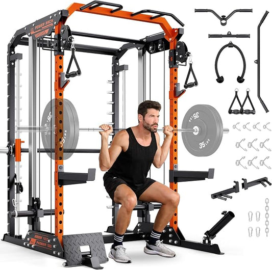 YOLEO Smith Machine & Squat Rack Combo, Multi-Functional Power Racks with Adjustable Width & Pull-Up Bar, Cable Crossover Power Cage, Independent Dual-Pulley System for Home Gym Garage Basement