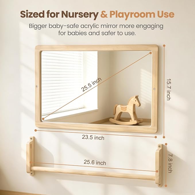 Montessori Mirror with Pull Up Bar, 23.6 x 15.7 in Natural Wood Frame & Shatter-Resistant Acrylic Baby Mirror for Floor and Wall, Tummy Time and Pull-to-Stand Practice