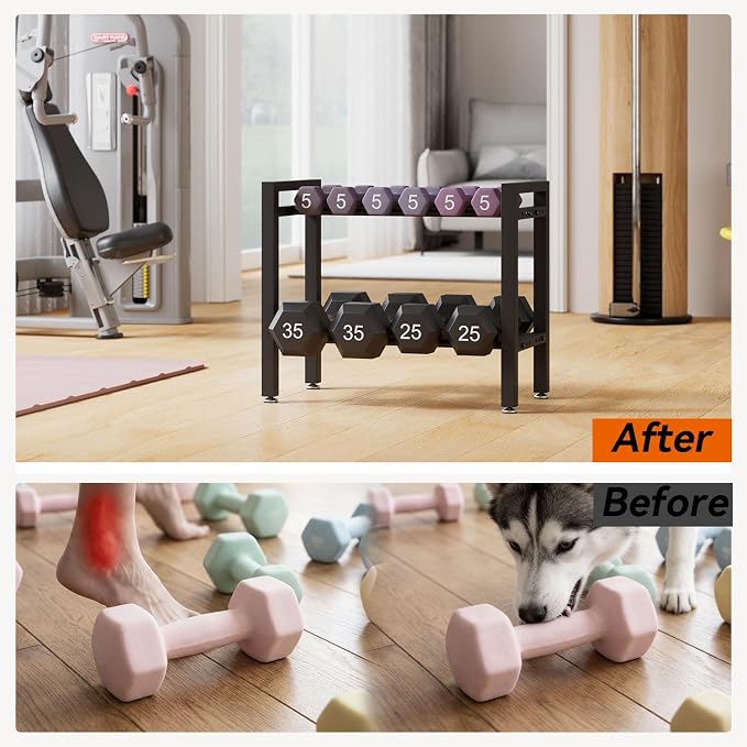 IBUYKE 2 Tier | 3 Tier Dumbbell Rack, Adjustable Weight Rack for Home Gym, Space-Saving Heavy-Duty 300LB | 450LB Capacity Weight Storage Racks for Kettlebells, Dumbbells Equipment Storage, Rack Stand Only