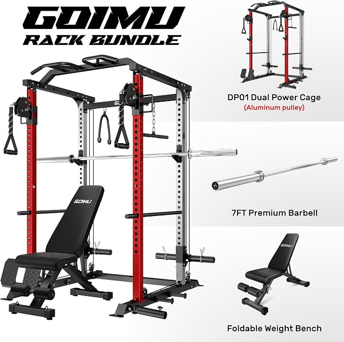 DP01 Power Cage, 2000LBS Squat Rack with Cable Crossover and Dual Independent Pulley System, Full Cage for Full Body Training, Power Rack with More Training Attachments for Home Gym