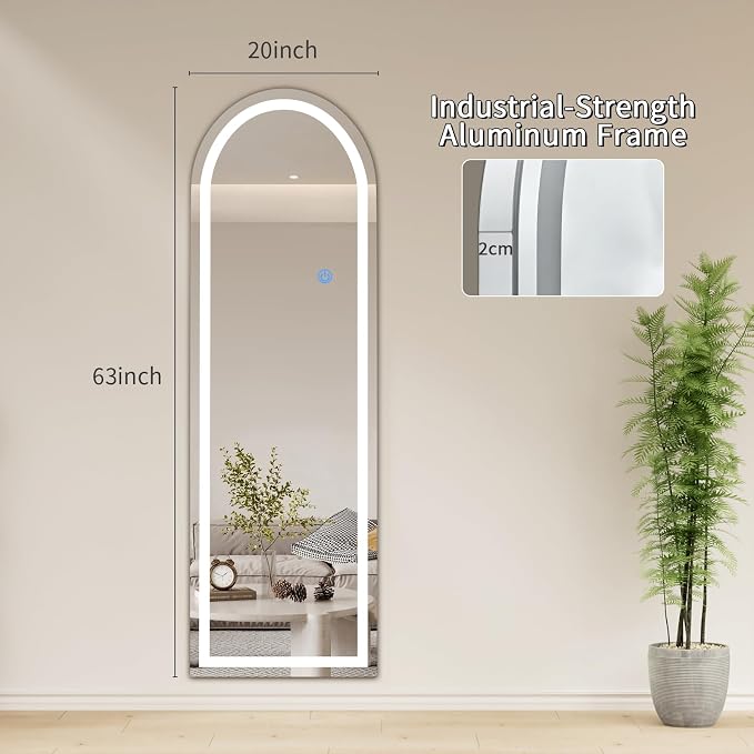 Koonmi LED Arched Full Length Mirror, 63"x20" Full Length Mirror with Lights, Lighted Floor Mirrors with Stand, Full Body Mirrors with Dimming & 3 Color Lightingfor Living Room Cloakroom, White